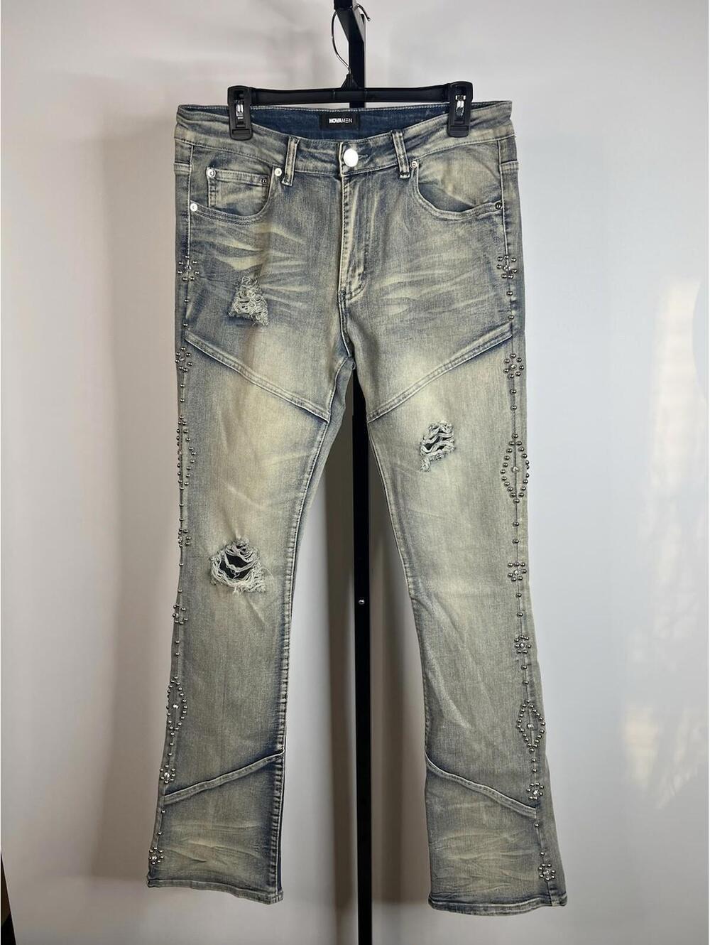 NOVA MEN "BE ALONG THE SIDES STACKED SKINNY FLARE JEANS" LIGHT 32X35 RHINESTONES